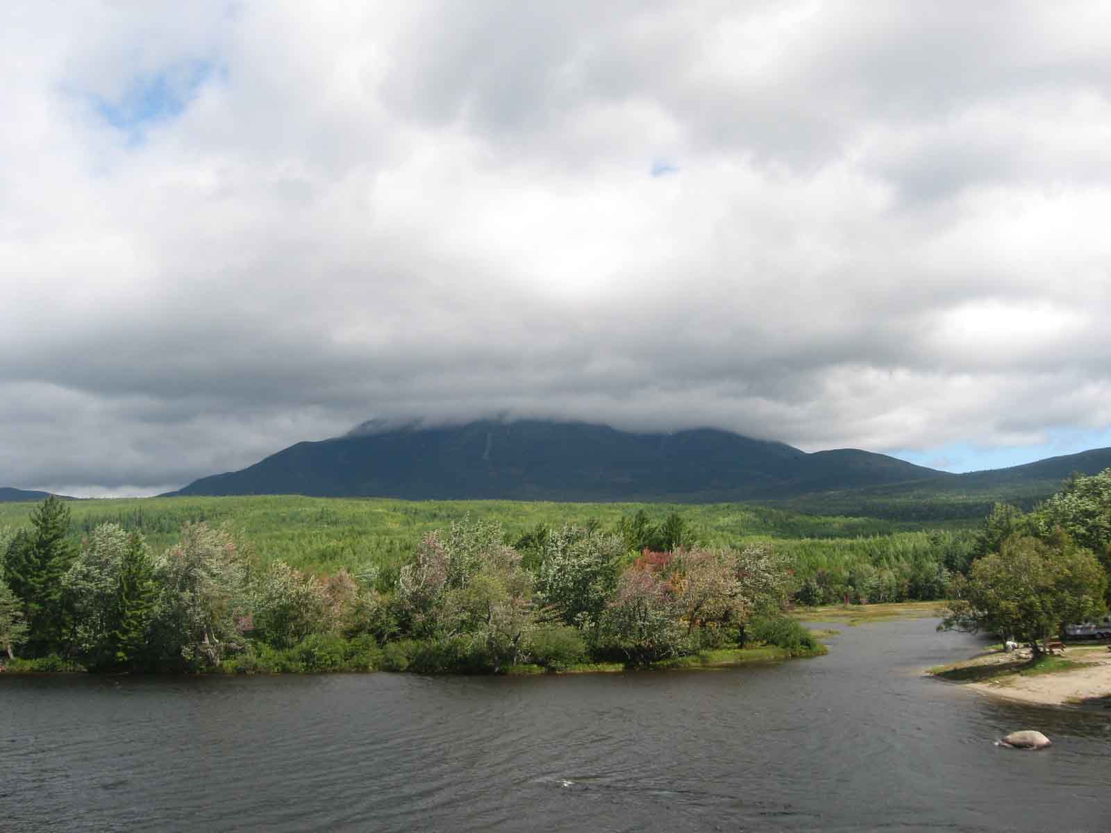 Team Excessives first view of Katahdin from Abol Bridge. The cloud covered the summit throughout the day.
